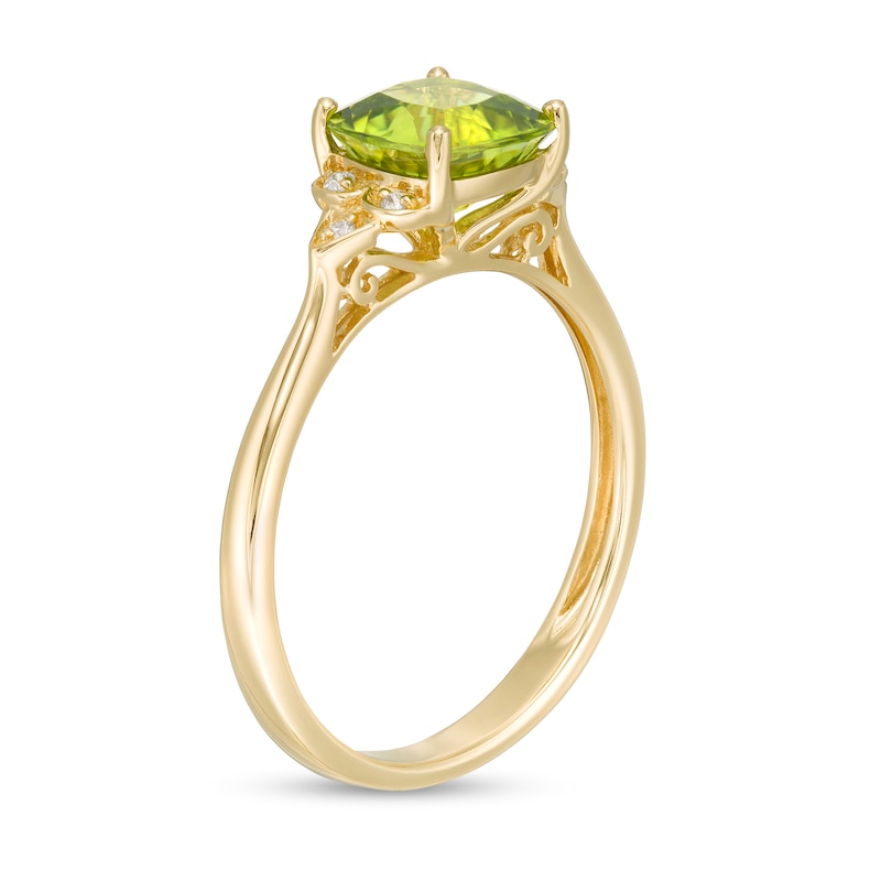 Main Image 3 of 7.0mm Cushion-Cut Peridot and Diamond Accent Floral Tri-Sides Ring in 10K Gold