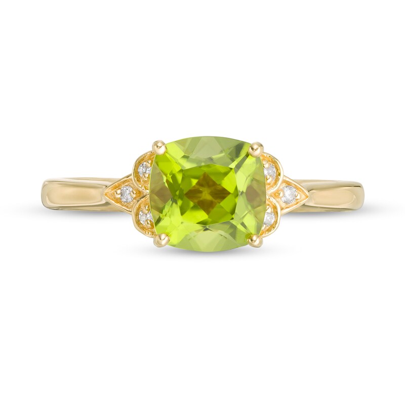 Main Image 4 of 7.0mm Cushion-Cut Peridot and Diamond Accent Floral Tri-Sides Ring in 10K Gold