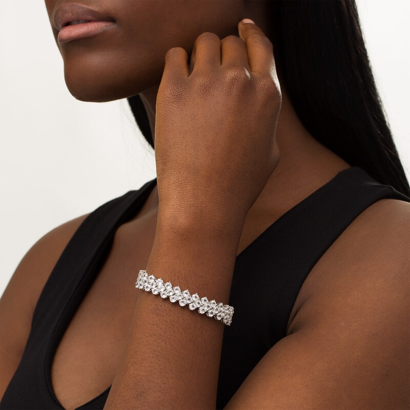 Main Image 2 of 4.0mm Lab-Created White Sapphire Triple Row Chevron Bracelet in Sterling Silver - 7.25"