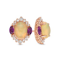 Captivating Color Oval Opal, Amethyst and 1/4 CT. T.W. Diamond Border Three Stone Stud Earrings in 14K Rose Gold