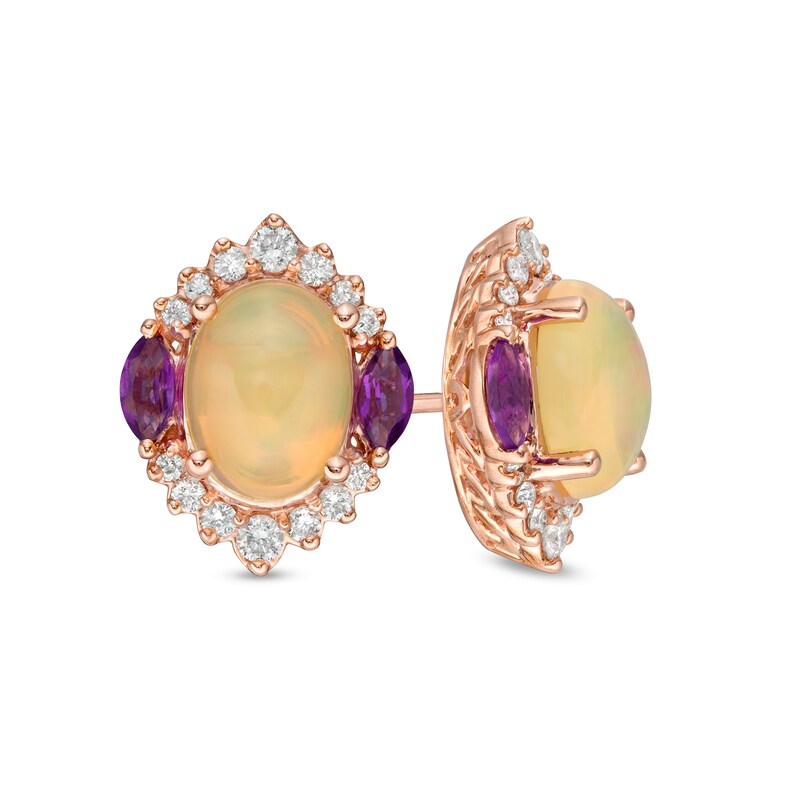 Main Image 1 of Captivating Color Oval Opal, Amethyst and 1/4 CT. T.W. Diamond Border Three Stone Stud Earrings in 14K Rose Gold