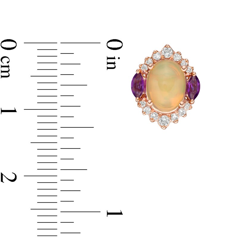 Main Image 3 of Captivating Color Oval Opal, Amethyst and 1/4 CT. T.W. Diamond Border Three Stone Stud Earrings in 14K Rose Gold
