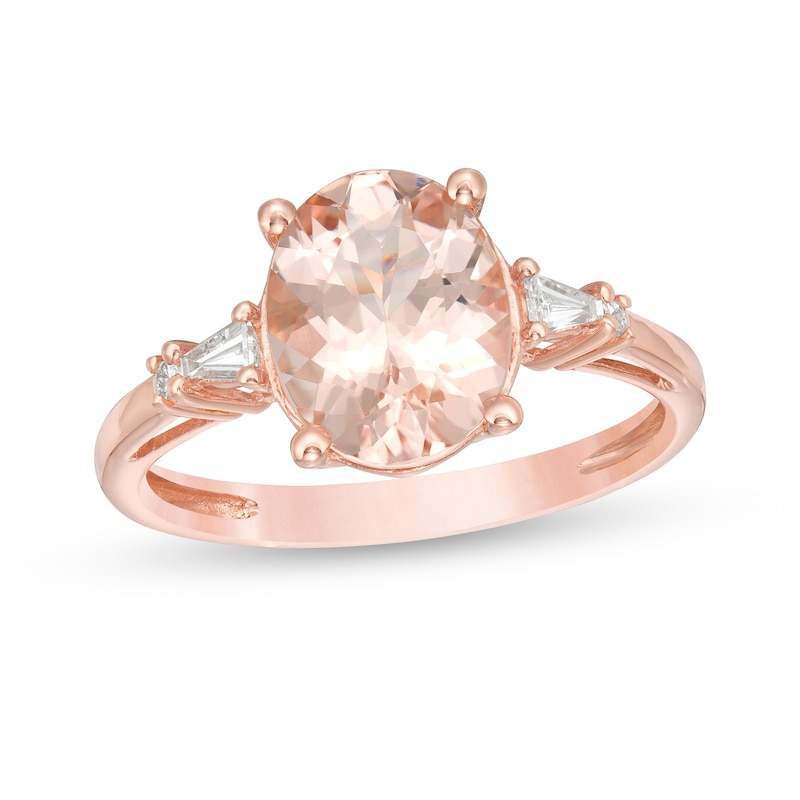 Oval Morganite and 1/10 CT. T.W. Diamond Art Deco Side Accent Ring in 10K Rose Gold