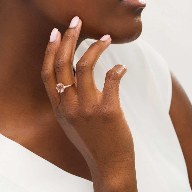 Main Image 2 of Oval Morganite and 1/10 CT. T.W. Diamond Art Deco Side Accent Ring in 10K Rose Gold