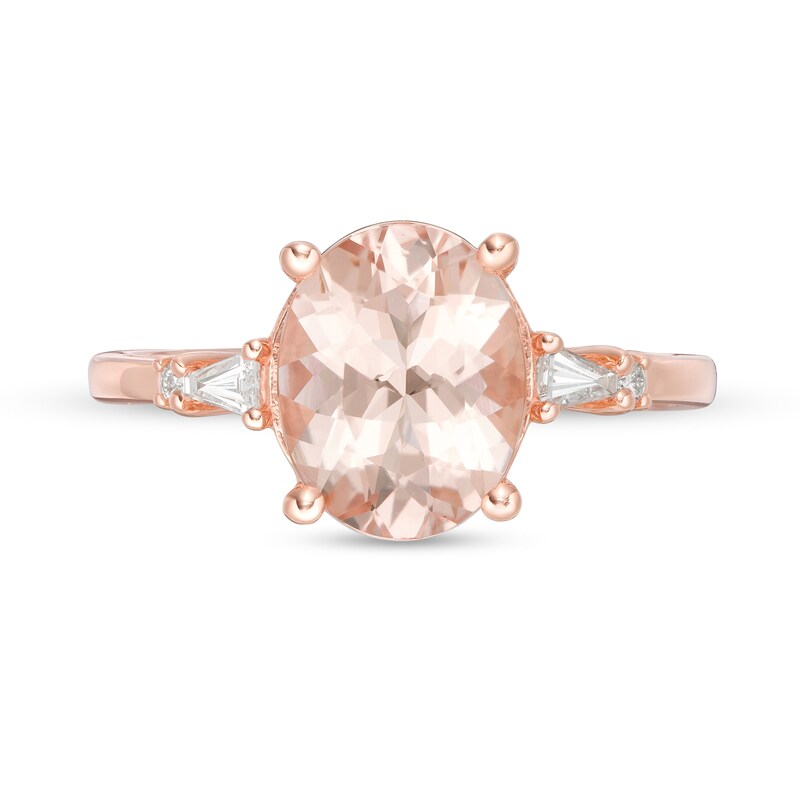 Main Image 4 of Oval Morganite and 1/10 CT. T.W. Diamond Art Deco Side Accent Ring in 10K Rose Gold