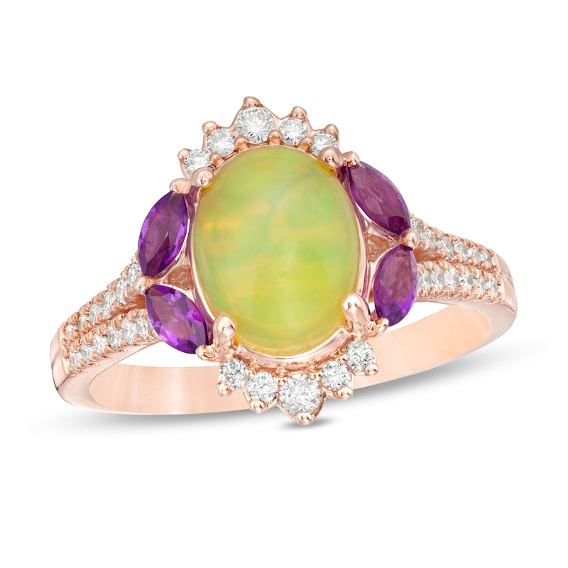 Main Image 1 of Captivating Color Oval Opal, Amethyst and 1/3 CT. T.W. Diamond Ornate Border Split Shank Ring in 14K Rose Gold
