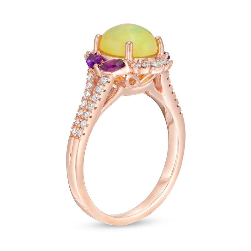 Captivating Color Oval Opal, Amethyst and 1/3 CT. T.W. Diamond Ornate Border Split Shank Ring in 14K Rose Gold