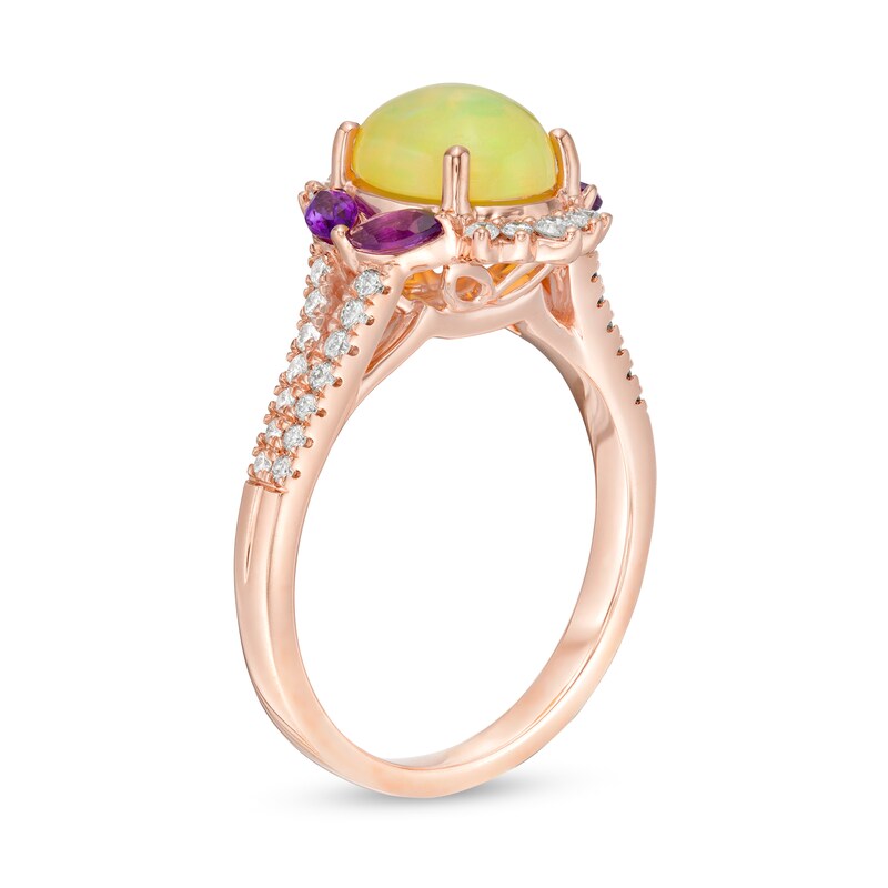 Main Image 3 of Captivating Color Oval Opal, Amethyst and 1/3 CT. T.W. Diamond Ornate Border Split Shank Ring in 14K Rose Gold