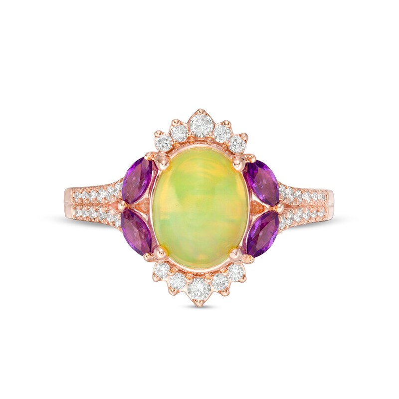 Captivating Color Oval Opal, Amethyst and 1/3 CT. T.W. Diamond Ornate Border Split Shank Ring in 14K Rose Gold