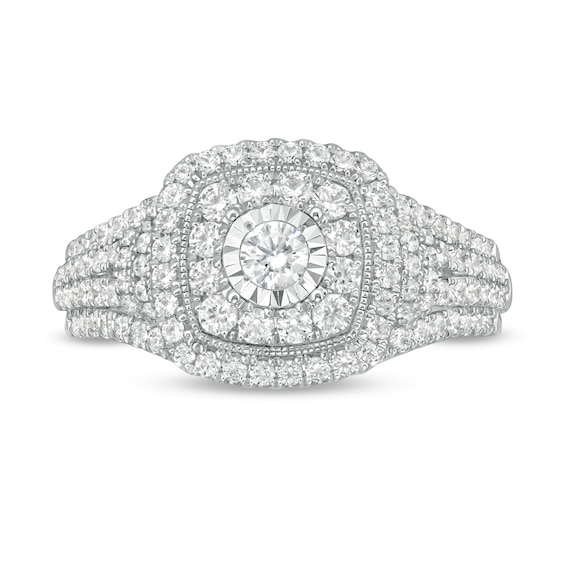 1 CT. T.w. Diamond Double Cushion Frame Multi-Row Engagement Ring in 10K White Gold