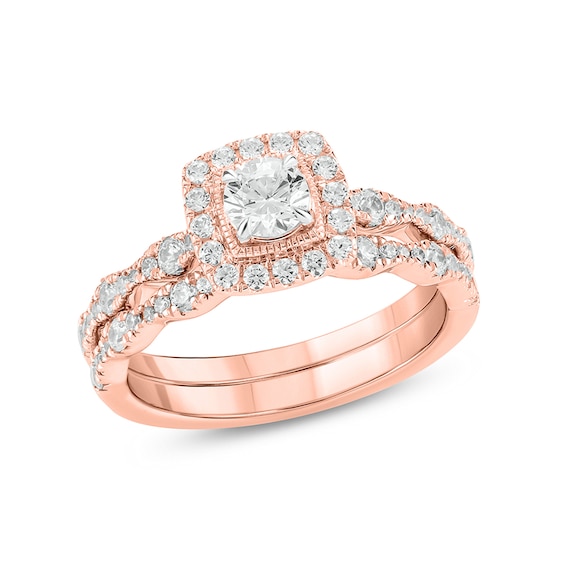 1 CT. T.w. Diamond Cushion Frame Art Deco Vintage-Style Bridal Set in 10K Rose Gold