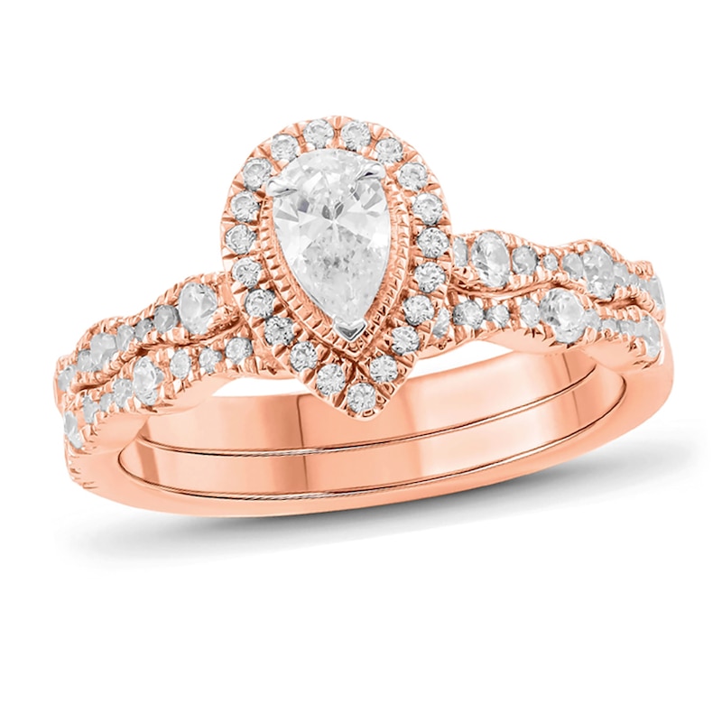 Main Image 1 of 1 CT. T.W. Pear-Shaped Diamond Frame Art Deco Vintage-Style Bridal Set in 14K Rose Gold