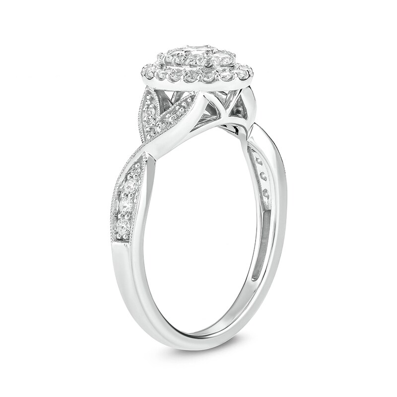 1/2 CT. T.W. Composite Princess-Cut Diamond Frame Petal-Sides Vintage-Style Engagement Ring in 10K White Gold