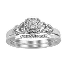 1/4 CT. T.W. Diamond Cushion Frame Heart-Sides Vintage-Style Bridal Set in Sterling Silver