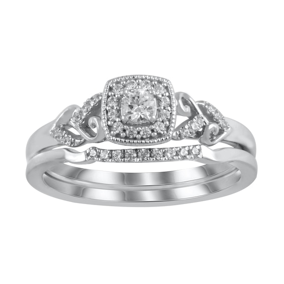 1/4 CT. T.w. Diamond Cushion Frame Heart-Sides Vintage-Style Bridal Set in Sterling Silver