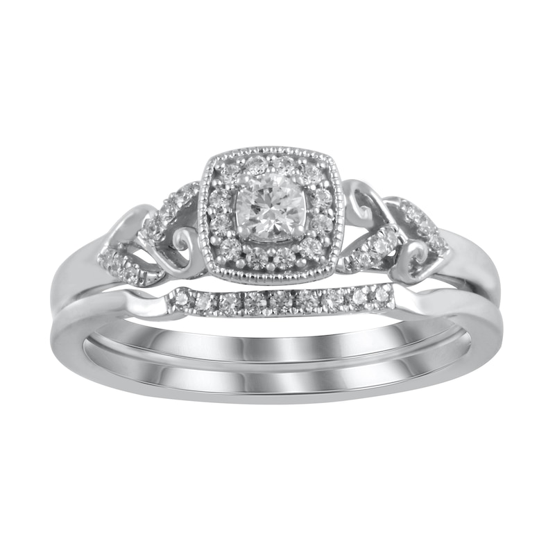 Main Image 1 of 1/4 CT. T.W. Diamond Cushion Frame Heart-Sides Vintage-Style Bridal Set in Sterling Silver