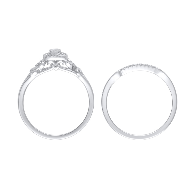 1/4 CT. T.W. Diamond Cushion Frame Heart-Sides Vintage-Style Bridal Set in Sterling Silver