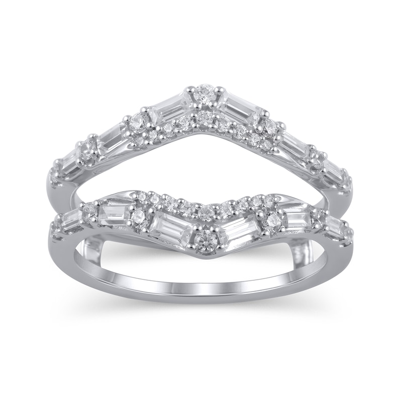 Main Image 1 of 3/4 CT. T.W. Baguette and Round Diamond Chevron Solitaire Enhancer in 14K White Gold