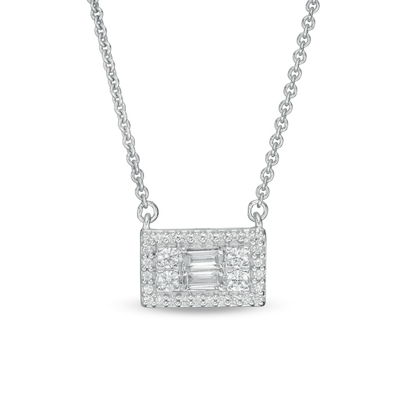 Main Image 1 of 1/4 CT. T.W. Baguette and Round Diamond Sideways Rectangle Necklace in 10K White Gold - 18.25"