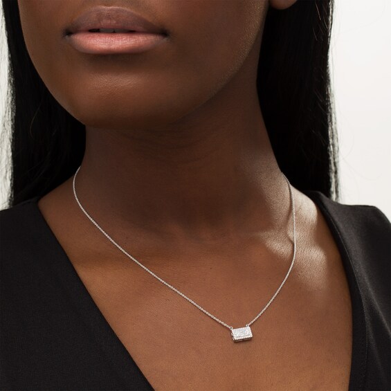 1/4 CT. T.w. Baguette and Round Diamond Sideways Rectangle Necklace in 10K White Gold - 18.25"