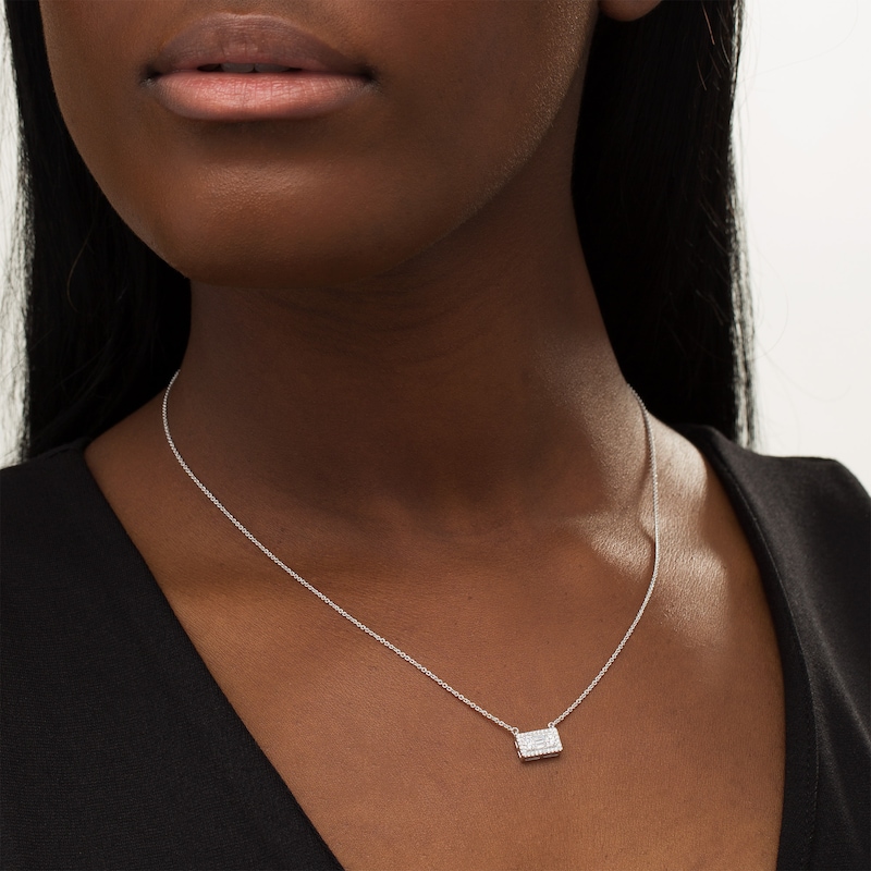 Main Image 2 of 1/4 CT. T.W. Baguette and Round Diamond Sideways Rectangle Necklace in 10K White Gold - 18.25"
