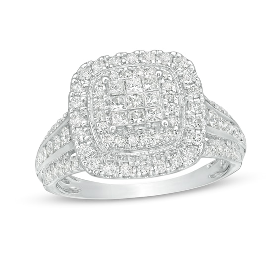 1 CT. T.w. Princess-Cut Composite Diamond Double Cushion Frame Engagement Ring in 10K White Gold