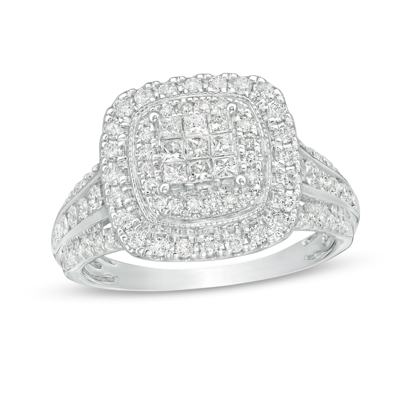 1 CT. T.W. Princess-Cut Composite Diamond Double Cushion Frame Engagement Ring in 10K White Gold