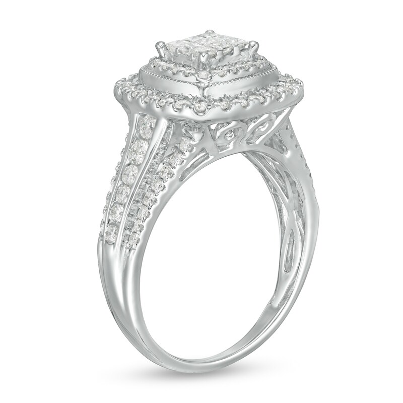 1 CT. T.W. Princess-Cut Composite Diamond Double Cushion Frame Engagement Ring in 10K White Gold