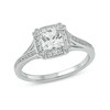 Thumbnail Image 1 of 6.0mm Cushion-Shaped White Lab-Created Sapphire and 1/10 CT. T.W. Diamond Frame Engagement Ring in Sterling Silver
