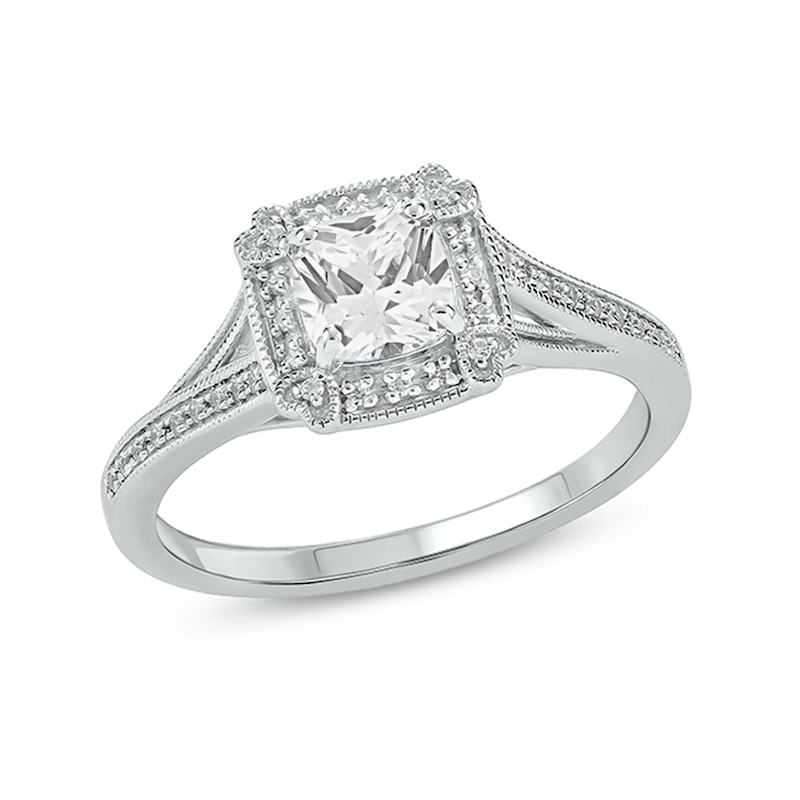 6.0mm Cushion-Shaped White Lab-Created Sapphire and 1/10 CT. T.W. Diamond Frame Engagement Ring in Sterling Silver