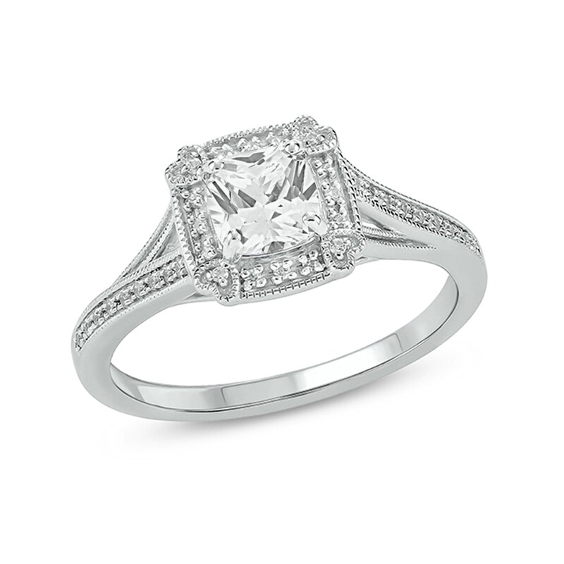 Main Image 1 of 6.0mm Cushion-Shaped White Lab-Created Sapphire and 1/10 CT. T.W. Diamond Frame Engagement Ring in Sterling Silver