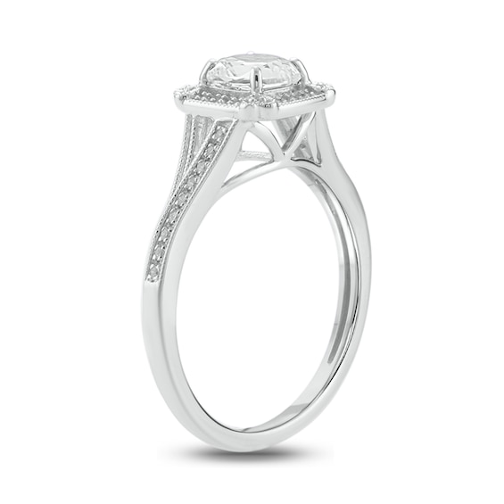 6.0mm Cushion-Shaped White Lab-Created Sapphire and 1/10 CT. T.w. Diamond Frame Engagement Ring in Sterling Silver