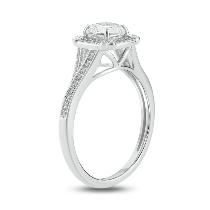 Main Image 2 of 6.0mm Cushion-Shaped White Lab-Created Sapphire and 1/10 CT. T.W. Diamond Frame Engagement Ring in Sterling Silver