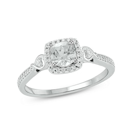 5.0mm Cushion-Cut White Lab-Created Sapphire and 1/6 CT. T.W. Diamond Frame Engagement Ring in Sterling Silver
