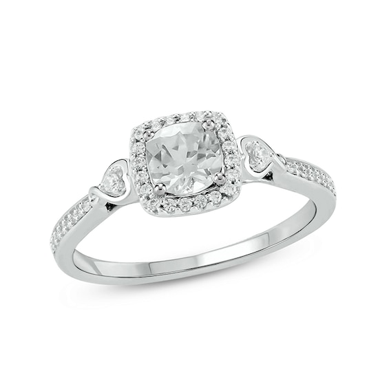 5.0mm Cushion-Cut White Lab-Created Sapphire and 1/6 CT. T.w. Diamond Frame Engagement Ring in Sterling Silver