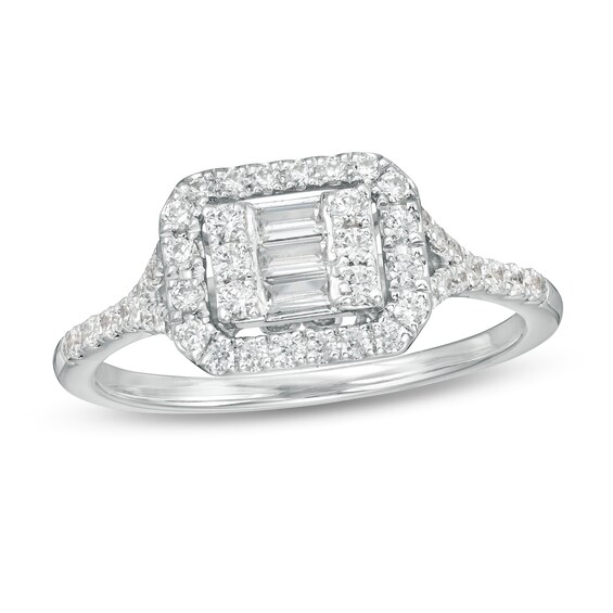 1/2 CT. T.w. Baguette and Round Diamond Sideways Rectangle Ring in 10K White Gold