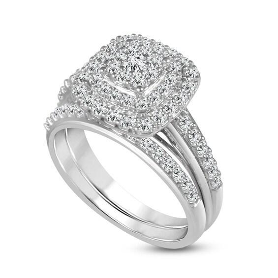 1 CT. T.w. Composite Diamond Double Cushion Frame Bridal Set in 10K White Gold