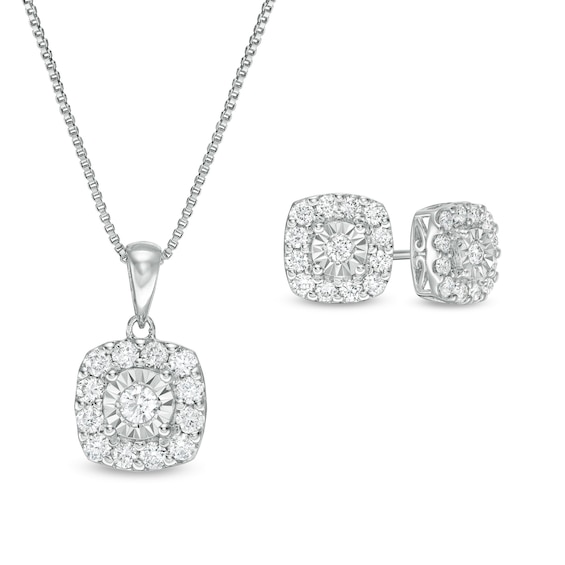 1 CT. T.w. Diamond Cushion Frame Pendant and Stud Earrings Set in Sterling Silver