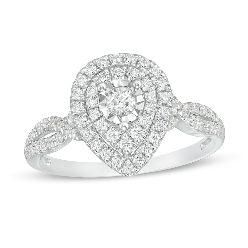 Main Image 1 of 1/2 CT. T.W. Diamond Double Teardrop Frame Split Shank Engagement Ring in 10K White Gold