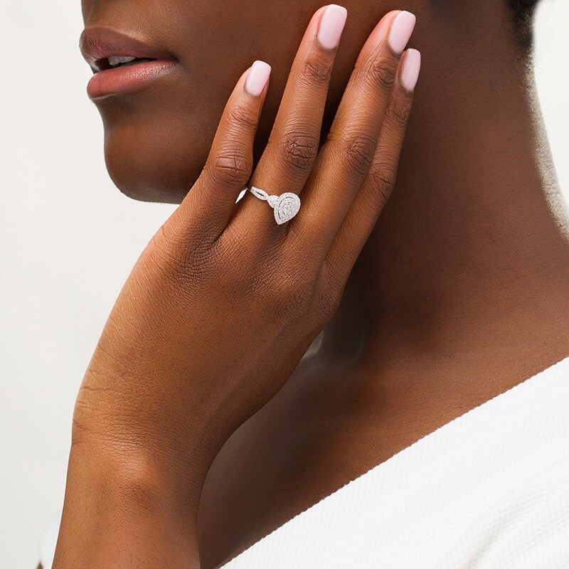 Main Image 2 of 1/2 CT. T.W. Diamond Double Teardrop Frame Split Shank Engagement Ring in 10K White Gold