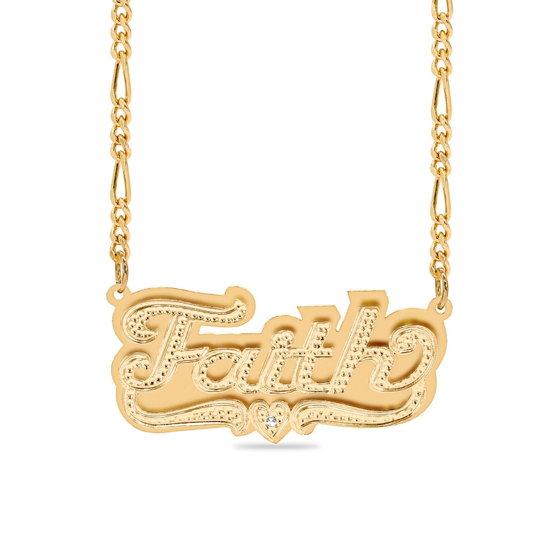 Diamond Accent Hammered Name and Heart Ribbon Accent Plate Necklace in Sterling Silver with 14K Gold Plate (1 Line)