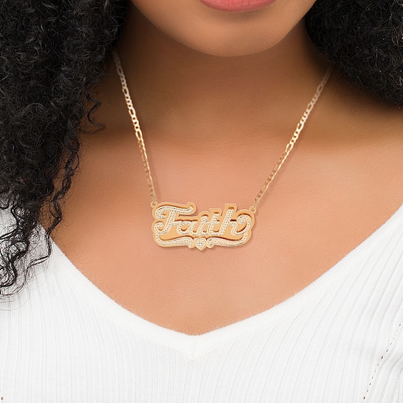 Diamond Accent Hammered Name and Heart Ribbon Accent Plate Necklace in Sterling Silver with 14K Gold Plate (1 Line)