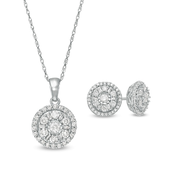 1 CT. T.w. Diamond Double Frame Pendant and Stud Earrings Set in 10K White Gold