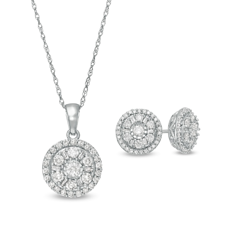 1 CT. T.W. Diamond Double Frame Pendant and Stud Earrings Set in 10K White Gold