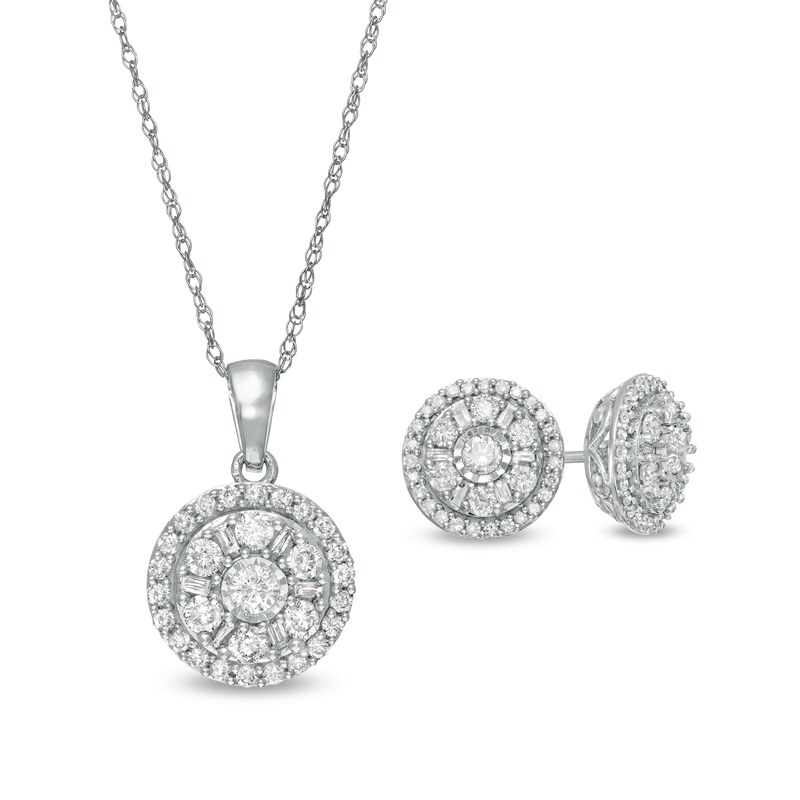 Main Image 1 of 1 CT. T.W. Diamond Double Frame Pendant and Stud Earrings Set in 10K White Gold