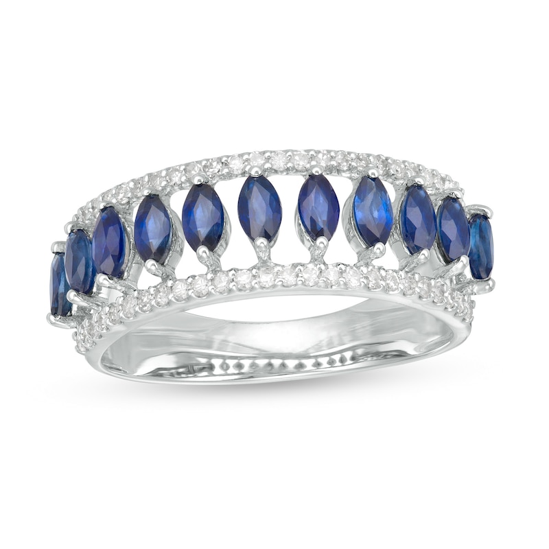 Marquise Blue Sapphire and White Topaz Border Triple Row Open Shank Ring in 10K White Gold