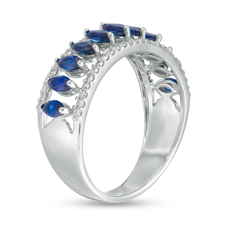 Main Image 3 of Marquise Blue Sapphire and White Topaz Border Triple Row Open Shank Ring in 10K White Gold