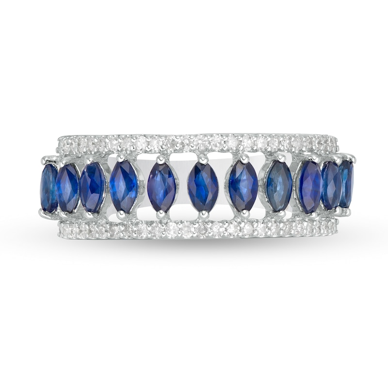 Marquise Blue Sapphire and White Topaz Border Triple Row Open Shank Ring in 10K White Gold