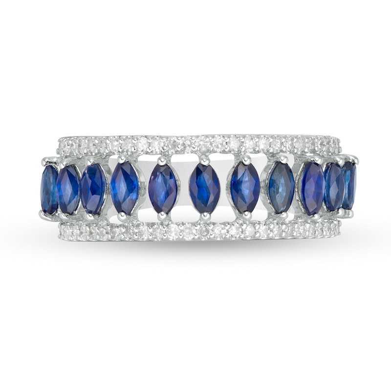 Main Image 4 of Marquise Blue Sapphire and White Topaz Border Triple Row Open Shank Ring in 10K White Gold