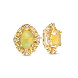 Captivating Color Oval Opal, Spessartite and 1/20 CT. T.W. Diamond Frame Stud Earrings in 14K Gold